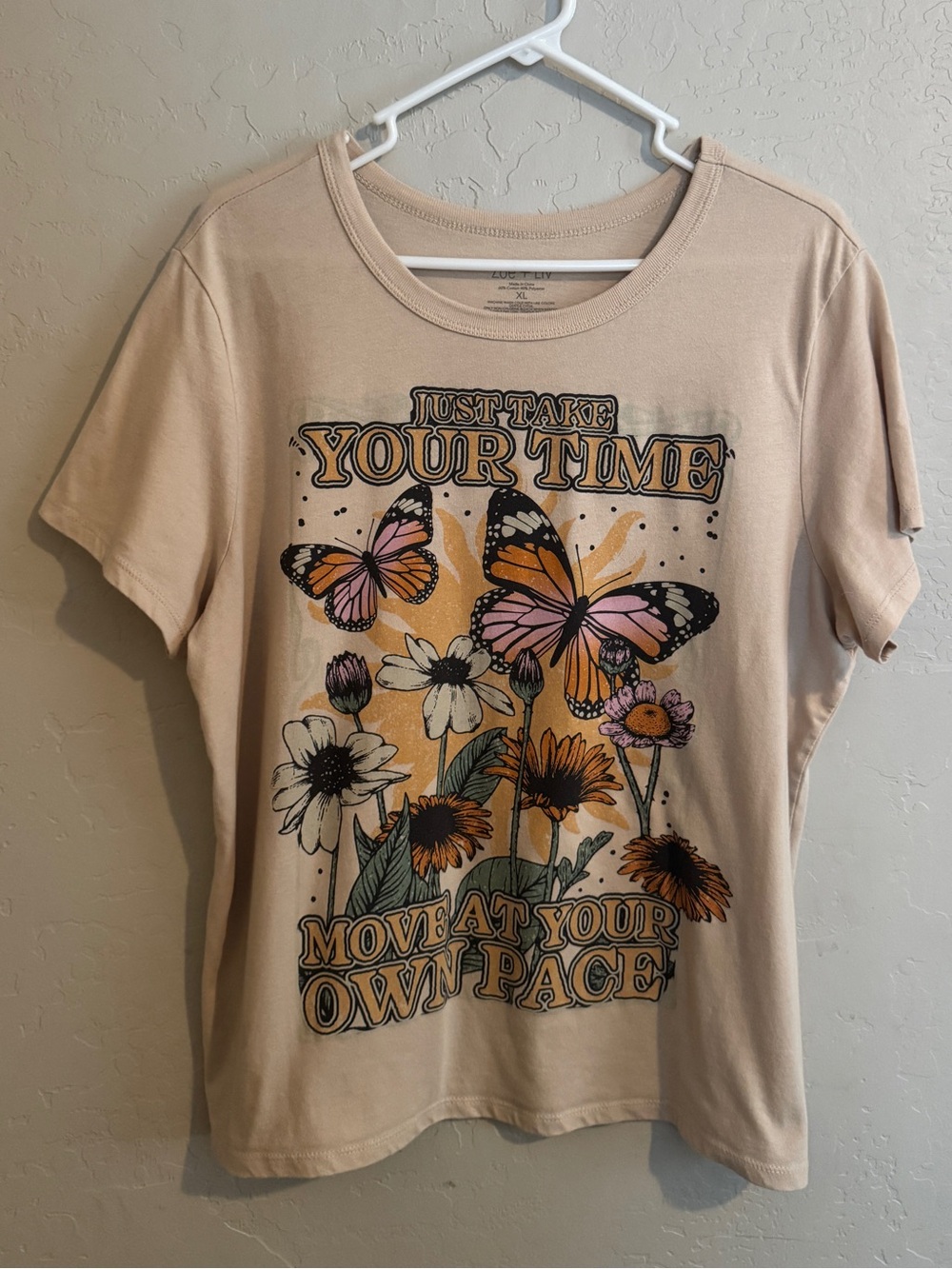 Zoe + Liv Beige Scoop Neck Graphic Tee with Botanical Butterfly Art
